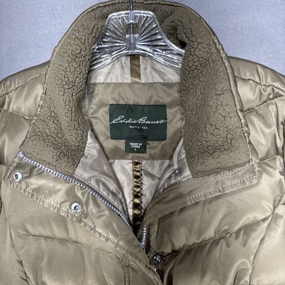 Eddie Bauer EB550 Jacket‎ Womens L Goose Down Gold Quilted Puffer Coat Full Zip - Picture 2 of 16